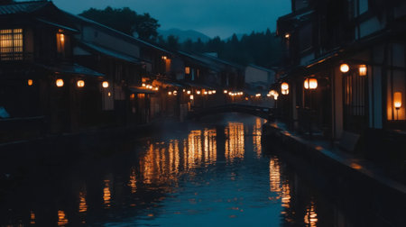 This captivating night scene showcases a traditional Japanese town with lanterns illuminating the tranquil waters, surrounded by historical architecture under a serene moonlit sky.の素材
