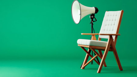 A modern chair with soft cushions beside a vintage megaphone set against a vibrant green background, ideal for creative and advertising projects in interior design.の素材