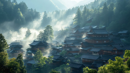 A tranquil view of a traditional Japanese village enveloped in mist, set against lush mountains, capturing the essence of serene rural life surrounded by nature's beauty.の素材