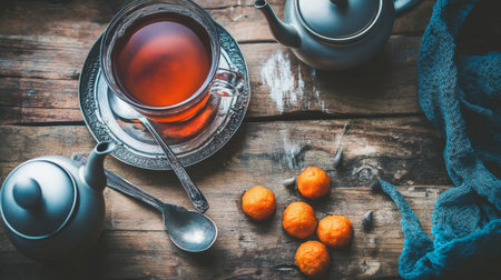 Enjoy a serene tea time moment with rich red tea served in a stylish glass cup alongside sweet orange treats on a rustic wooden table.の素材