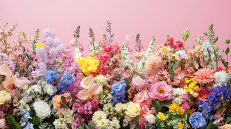 This stunning image showcases a variety of colorful flowers against a soft pink backdrop, ideal for nature projects, floral decorations, and artistic inspirations.の素材