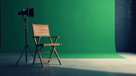 A minimalist scene featuring a wooden director's chair and a spotlight against a green backdrop, ideal for creative projects in photography and filmmaking.の素材