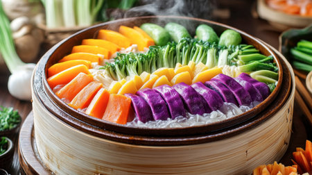 An aesthetically arranged selection of vibrant, freshly steamed vegetables in a bamboo basket, showcasing the beauty of wholesome ingredients ideal for nutritious meals.の素材