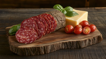 Experience the harmony of flavors with fresh salami slices, vibrant tomatoes, a block of cheese, and aromatic basil on a rustic wooden board. Perfect for gourmet occasions.の素材
