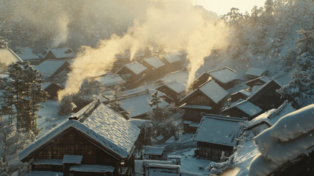 A picturesque winter scene showcasing a snow-covered village with smoke rising from rooftops, surrounded by tranquil nature and serene landscapes, creating a cozy atmosphere.の素材