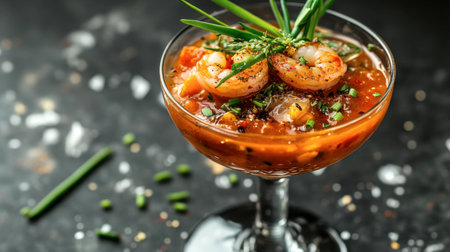 A vibrant shrimp cocktail served in an elegant glass, garnished with chives and spices, creating a stunning visual perfect for culinary presentations.の素材