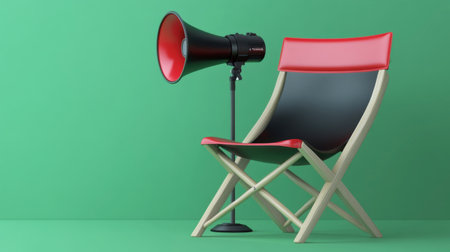 A striking red and black chair paired with a bold loudspeaker against a vivid green backdrop, perfect for modern design themes and creative projects.の素材