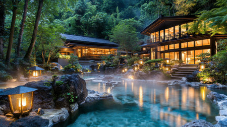 A tranquil Japanese hot spring resort illuminated by soft lanterns, nestled amidst lush greenery and mountains, offering relaxation and a serene escape from everyday life.の素材