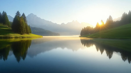 A peaceful sunrise scene over a calm lake, surrounded by majestic mountains and lush greenery, reflecting the stunning colors of dawn in tranquil water.の素材