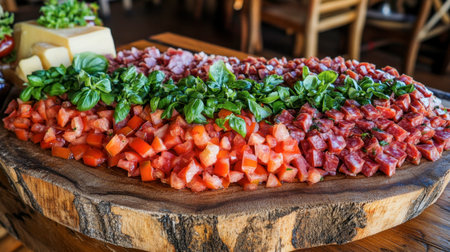 A stunning display of freshly diced tomatoes and vibrant basil leaves arranged artfully on a rustic wooden board, perfect for showcasing healthy culinary creations.の素材