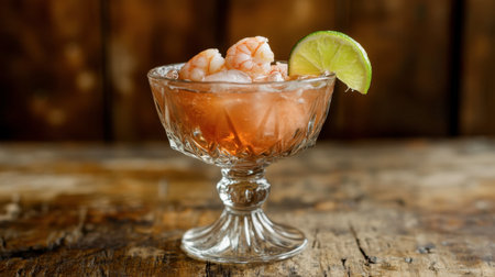 A vibrant shrimp cocktail served in a decorative glass bowl with ice and ice-cold shrimp, garnished with a fresh lime wedge, perfect for seafood lovers.の素材