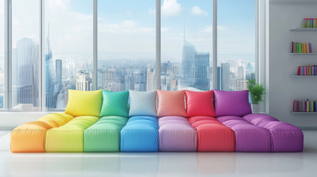 A modern lounge area featuring colorful soft cushions arranged creatively, offering comfort and relaxation while showcasing a stunning city skyline through large windows.の素材