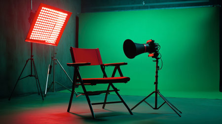A modern film studio setup featuring a red light, green screen backdrop, and empty director chair, showcasing a creative environment for high-quality video and photography projects.の素材