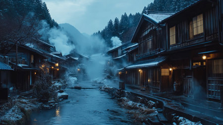 A tranquil winter scene of a charming village by a misty river, showcasing traditional architecture illuminated by warm lights against snowy mountains at dusk.の素材
