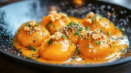 A beautifully presented plate of gourmet dumplings featuring vibrant orange color, garnished with herbs and nuts, ideal for showcasing culinary artistry and flavor.の素材