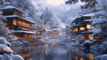 A serene winter evening scene depicting a traditional Japanese village nestled among snowy trees, featuring warm lights in cozy homes and gentle reflections on the waterway.の素材