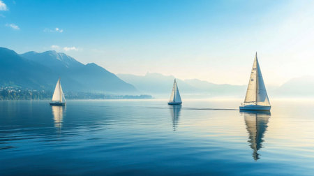 Experience a serene sailing adventure as sailboats glide over calm waters, framed by stunning mountains and under a clear blue sky, perfect for relaxation and escape.の素材