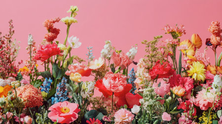 A stunning display of assorted flowers featuring vibrant colors and diverse blooms set against a soft pink backdrop, perfect for spring and event themes.の素材