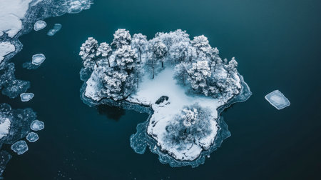 This breathtaking aerial photo captures a snow-covered island surrounded by icy waters, highlighting the beauty of winter with pristine trees in a serene aquatic setting.の素材