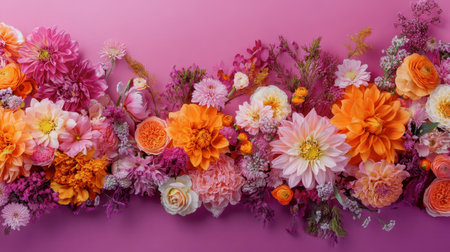 Beautiful floral arrangement featuring a spectrum of colorful flowers on a pink background, perfect for adding a vibrant touch to decor or creative projects.の素材