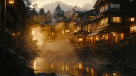An enchanting Japanese onsen town captured at dusk, featuring steam rising from natural hot springs and inviting wooden inns, creating a tranquil and picturesque atmosphere.の素材