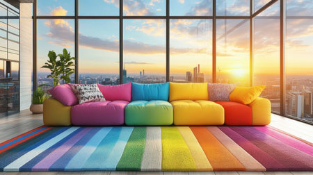 A vibrant and colorful couch positioned in a modern living room with a breathtaking sunset view over the city skyline, creating a cozy and inviting atmosphere.の素材