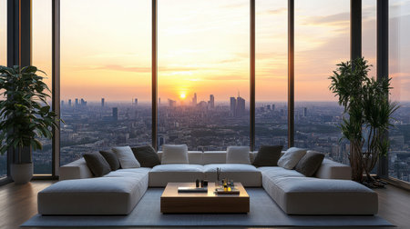 A stylish living room showcases a spacious layout with a cozy sofa and coffee table, framed by large windows revealing a stunning sunset over the city skyline.の素材
