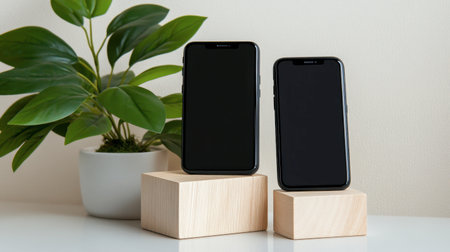Two sleek black smartphones stand on wooden blocks beside a lush green plant, highlighting a modern blend of technology and nature in a minimalist setting.の素材