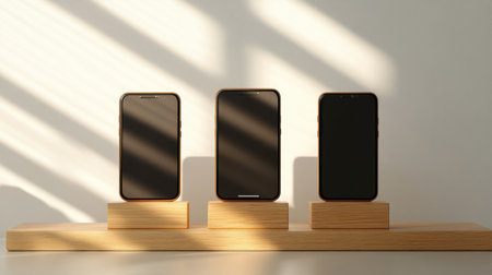 This image captures three modern smartphones on wooden stands, creating a minimalistic and elegant display with soft shadows, perfect for tech-related projects and product presentations.の素材