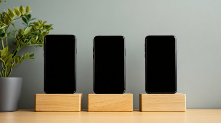 A trio of sleek black smartphones stands on elegant wooden bases, set against a softly colored wall. A small green plant adds a touch of nature to this stylish workspace scene.の素材