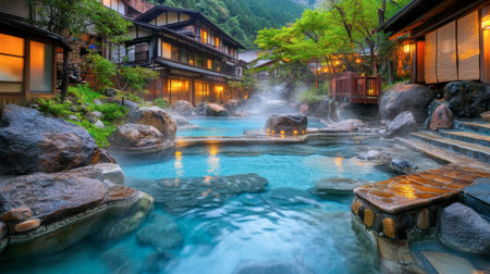 Experience the calming beauty of a Japanese onsen, where steam rises from natural hot springs, surrounded by lush greenery and traditional architecture, offering ultimate relaxation.の素材