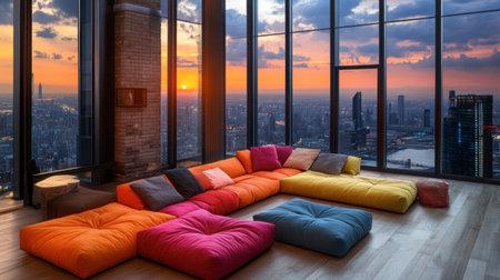 A vibrant lounge area features colorful bean bags and breathtaking views of a sunset skyline through expansive windows, creating a serene and inviting atmosphere.の素材