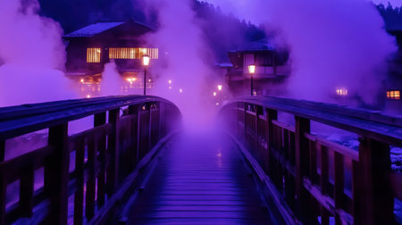 A captivating scene of a misty bridge illuminated by soft lights, leading to charming homes, enveloped in a tranquil atmosphere filled with vivid purple hues.の素材