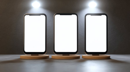 A visually striking image featuring three smartphones on stylish wooden stands under soft LED lighting, perfect for showcasing digital devices in a modern, minimalist environment.の素材