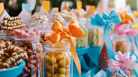A cheerful arrangement of candy-filled jars adorned with colorful ribbons, creating a festive atmosphere ideal for parties or celebrations. Perfect for sweet treat inspiration.の素材