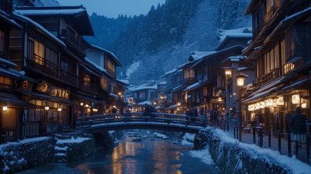 This captivating winter scene captures a traditional Japanese hot spring town blanketed in snow, with charming buildings lining a peaceful stream illuminated by soft lantern light.の素材