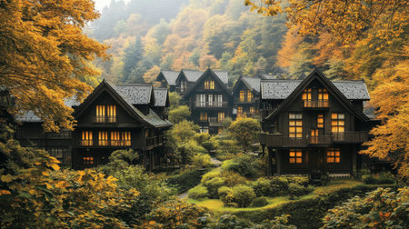 Experience the enchanting beauty of an autumn village, where cozy wooden cabins are nestled among vibrant foliage. Perfect for nature retreats and tranquility seekers.の素材