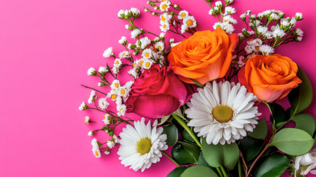 A beautiful floral arrangement showcasing colorful roses, daisies, and delicate wildflowers against a bright pink background, perfect for any celebration or artistic project.の素材