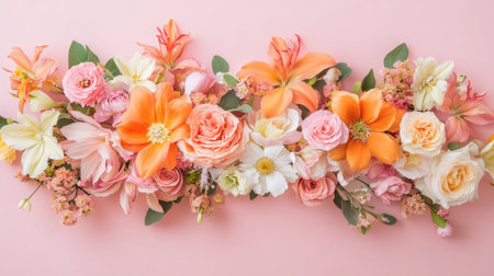 A stunning floral arrangement featuring roses, lilies, and seasonal flowers on a gentle pink backdrop, perfect for enhancing decor and creating a cheerful atmosphere.の素材
