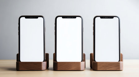 This image features three modern smartphones on stylish wooden stands, showcasing blank screens, ideal for product presentations and minimalist design themes.の素材