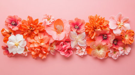 A beautiful display of colorful flowers arranged in vibrant orange and pink hues on a soft pink background, perfect for floral themes or nature-inspired projects.の素材