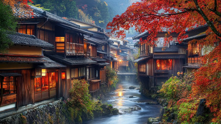 A tranquil scene showing traditional Japanese houses beside a calm stream, surrounded by vibrant autumn leaves. A perfect blend of nature and cultural heritage.の素材