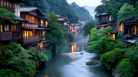 A tranquil scene depicting a traditional Japanese river village with wooden houses nestled among lush trees, creating a serene atmosphere during the twilight hours.の素材