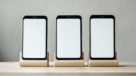 Set of three mobile phones with blank screens on wooden stands, showcasing a modern and minimalistic aesthetic perfect for product displays and technology visual content.の素材