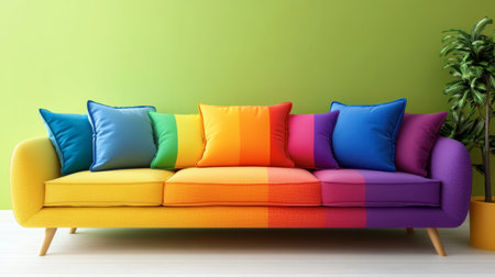 A vibrant couch with a rainbow of cushions stands out against a fresh green wall, creating a lively and inviting atmosphere for a modern living space.の素材