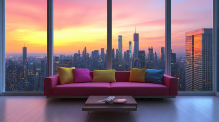 Enjoy a stunning sunset view from this modern living room featuring a colorful sofa, large windows, and a breathtaking city skyline, perfect for relaxation and style.の素材