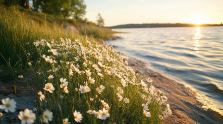 A beautiful sunset scene showcasing delicate white flowers along a serene shoreline, with gentle waves reflecting warm colors, creating a picturesque natural landscape.の素材