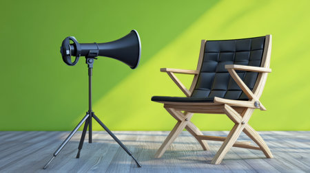 A stylish chair paired with a retro megaphone creates a modern minimalist aesthetic against a vibrant green wall, perfect for artistic and creative environments.の素材