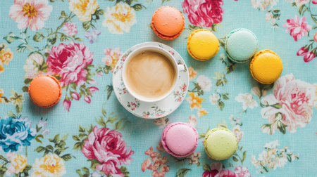 This delightful image features a cup of coffee surrounded by vibrant macarons on a floral tablecloth, perfect for capturing a cozy and inviting afternoon tea experience.の素材