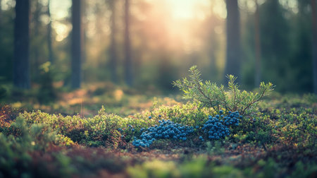 A peaceful scene showcasing wild blueberries nestled in a tranquil forest, highlighted by soft sunlight filtering through lush trees, creating an enchanting natural atmosphere.の素材